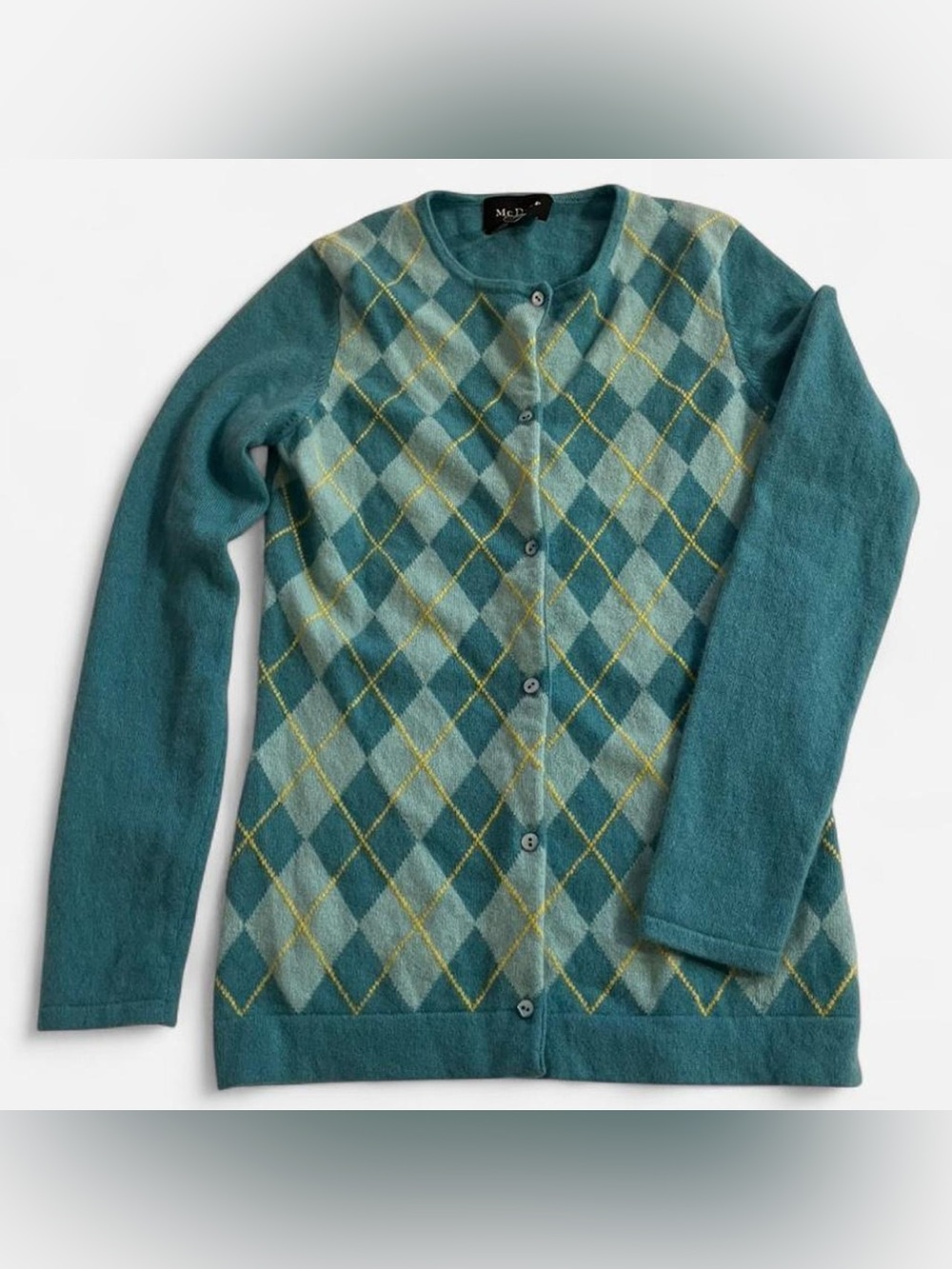 mcduff vintage teal argyle cashmere cardiga